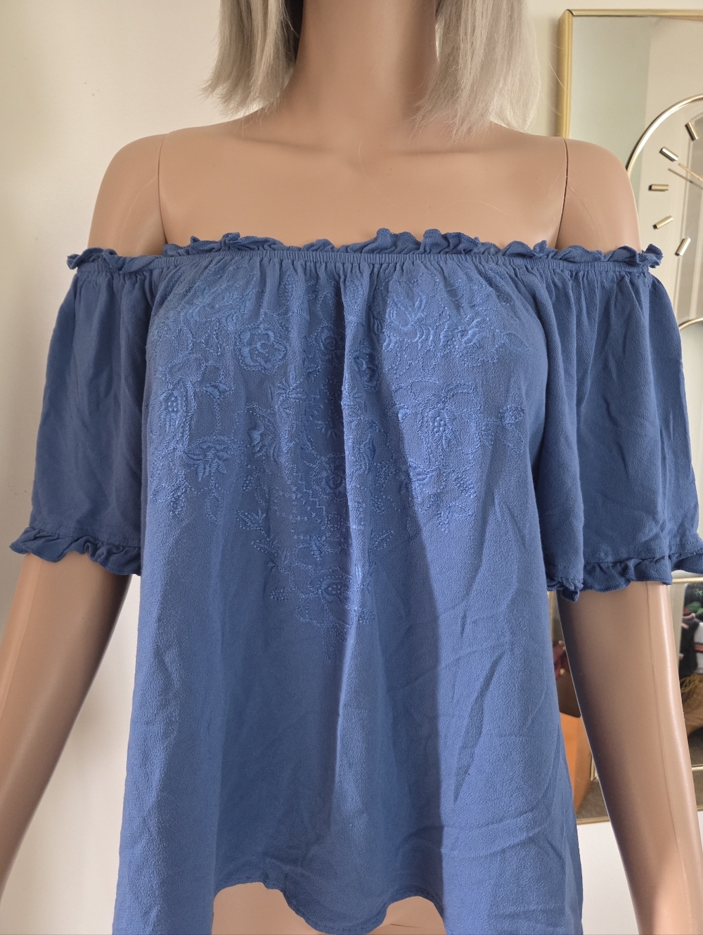 Womens Blue Smocked Off Shoulder Embroidered Top Ruffled Sleeves Size Large